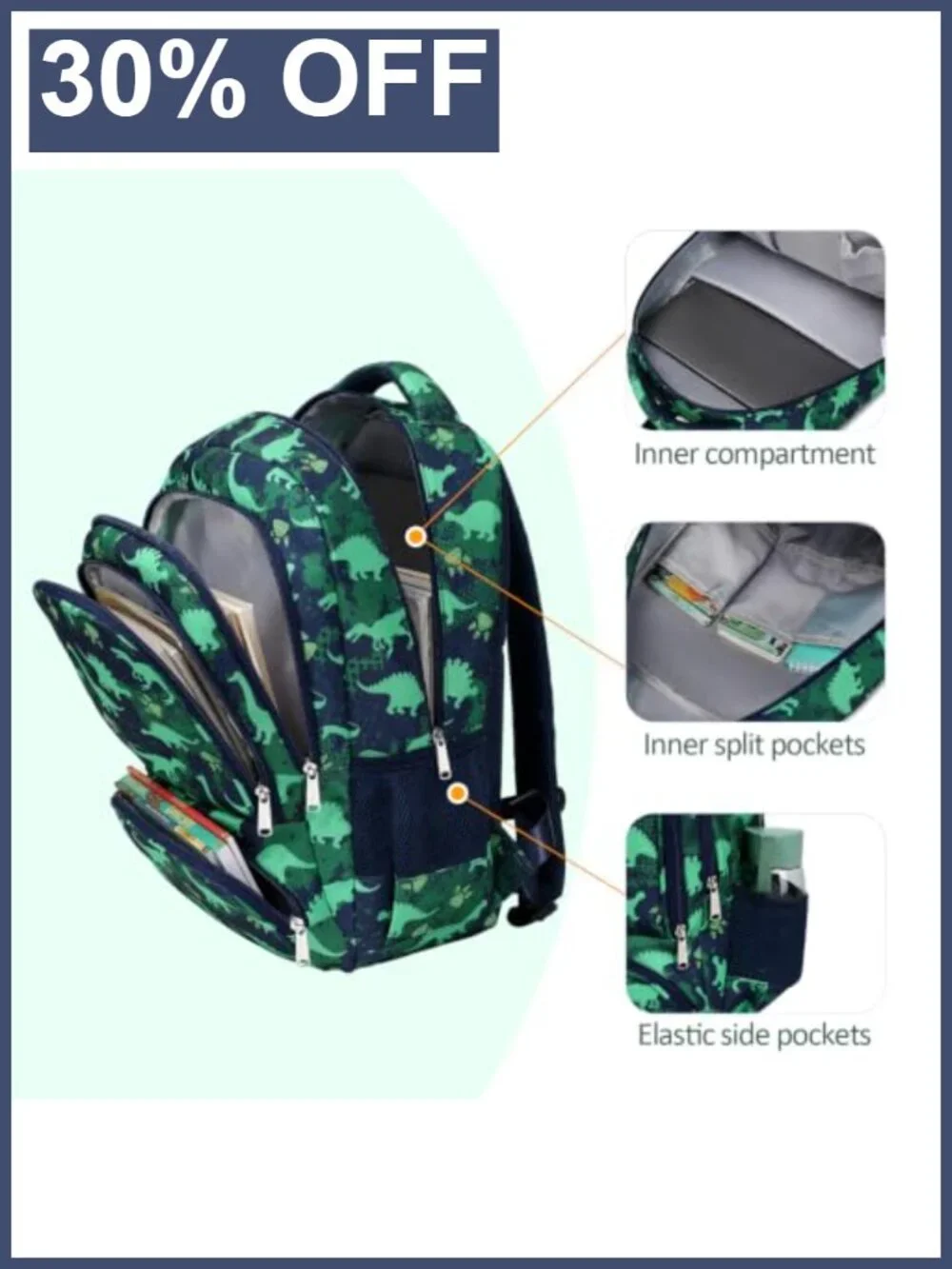 Kids Dinosaur Backpack Water-Resistant Lightweight School Bookbag A4